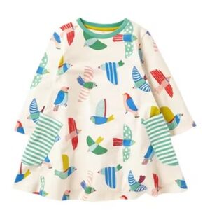 Mini Boden Cream Dress with Multicolor Bird Print and Green Striped Pockets
